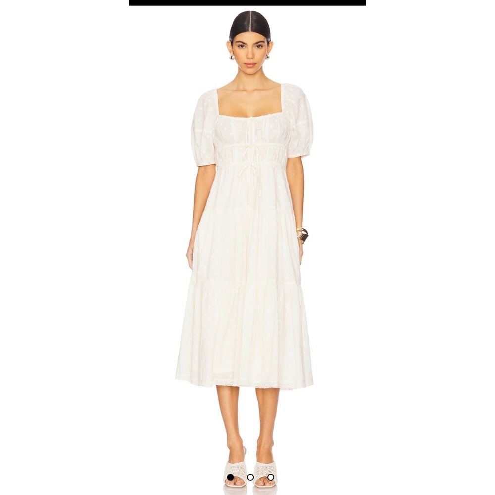 Ulla Johnson Cream Cotton Poplin Smocked Tiered Midi Dress Puff Sleeve Size 0
